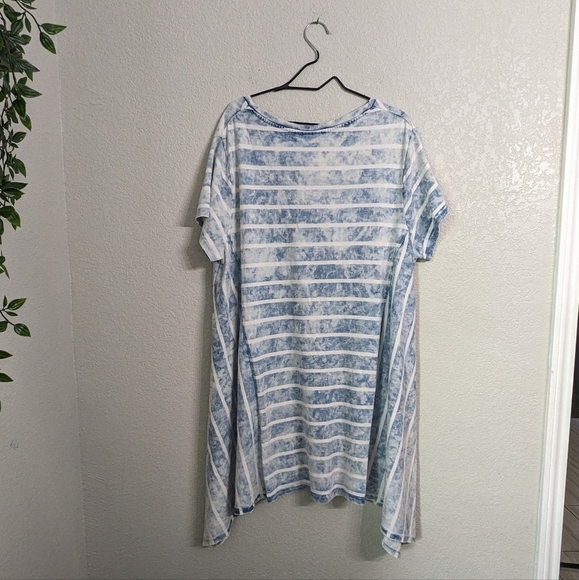 Nanette Lepore Blue White Striped Acid Wash Tie Dye T-Shirt Dress Cap Sleeve 2X - Picture 2 of 9